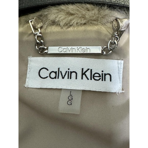 Calvin Klein Vest Womens Large Beige Faux Fur Collar Quilted Puffer Zip Pockets - Picture 11 of 15